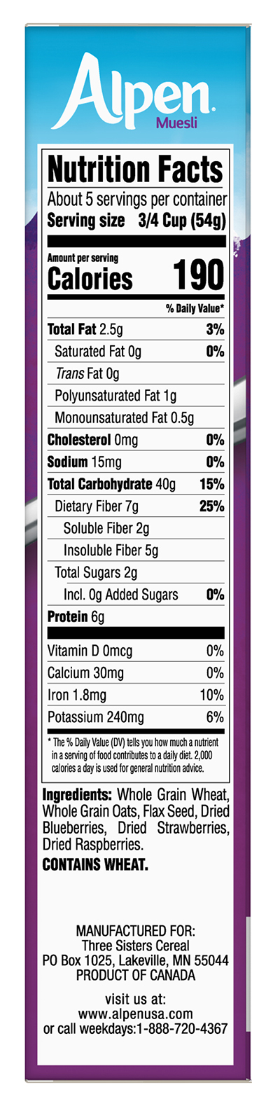 Alpen Muesli Triple Berry Cereal Nutrition Facts Panel