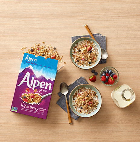 Alpen Muesli Triple Berry Cereal in bowls